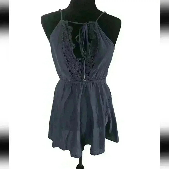 Intimately Free Free People Womens Blue Boho Crochet Neck Short Swing Dress XS - Picture 2 of 14